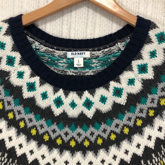 Old Navy Womens Navy Blue Fair Isle Yoke Crewneck Sweater Size L Cotton Blend - Picture 4 of 8
